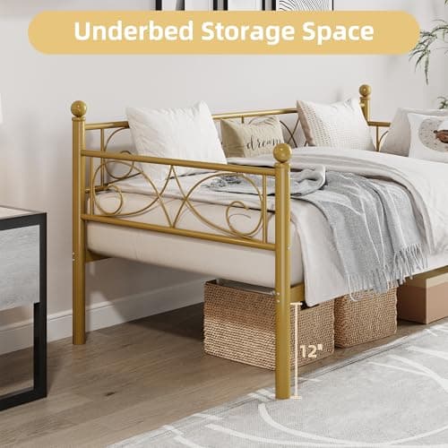 Gold Metal Day Bed, Twin Size with Floral Headboard, Modern SOFE Bed Frame