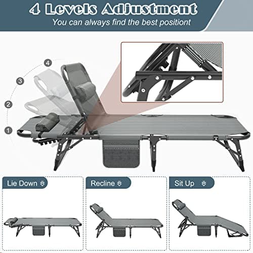 DoCred Heavy Duty Adjustable 5-Position Chaise Lounge Chair for Outdoor Sunbathing Beach Pool Lawn Camping