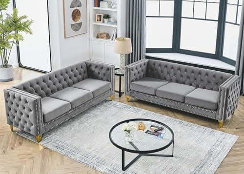 Velvet Chesterfield Sofa Set, 2-Piece Oversized Seater with Nailhead Detail (Grey)