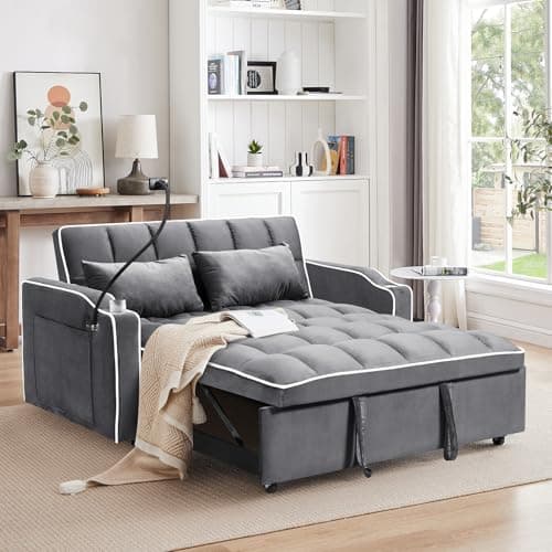 3-in-1 Velvet Convertible Sofa Bed with Storage & USB Port, Gray