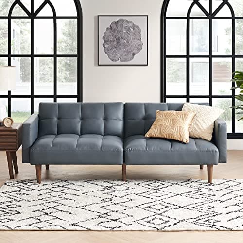 Mid Century Modern Futon Couch for Living Room and Bedroom - Pecan Brown, Faux Leather