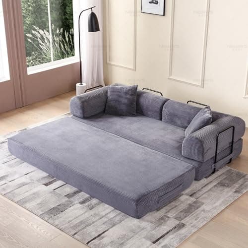 Beige Cylindrical Pillow Convertible Sleeper Sofa Bed