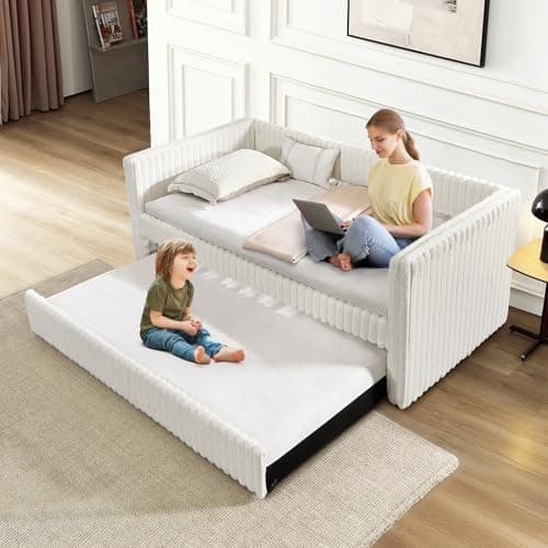 Plaid Corduroy Twin Daybed with Trundle, Grey Tufted Modern Sofa Couch