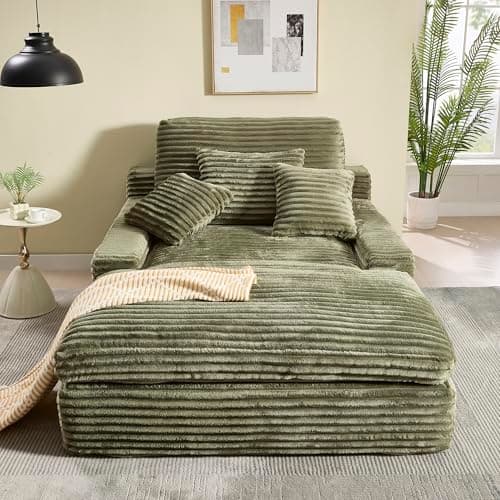 Eafurn Corduroy Upholstered Chaise Lounge Sofa with Ottoman & Cupholders