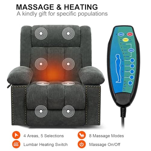 Grey Blue Electric Recliner Chair with Heat & Massage for Seniors