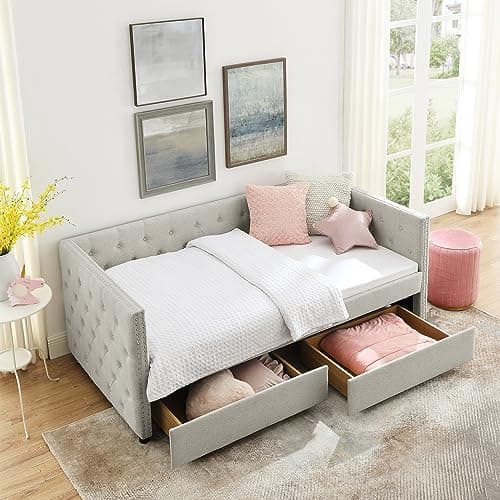 Modern Twin Daybed with Storage and 2 Drawers for Apartment Bedroom, Beige