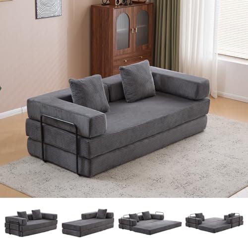 4-in-1 Convertible Folding Sleeper Sofa Bed, Dark Grey Corduroy Mattress Couch
