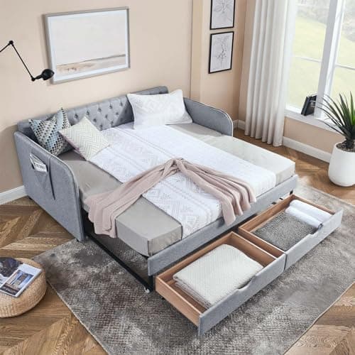 Antetek Modern Button Tufted Linen Daybed with Drawer, Beige