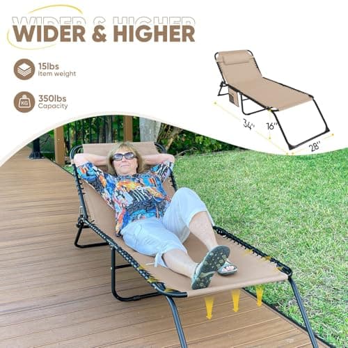 EZCHEER Beige Extra Wide Portable Sunbathing Lounge Chair with Storage Bag