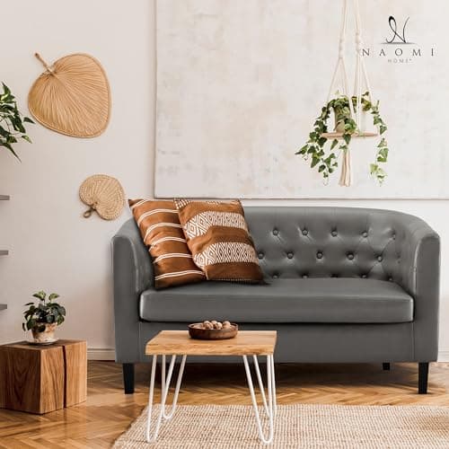 Midcentury Modern Button Tufted White Emma Loveseat, Small Living Room Couch - Easy Assembly