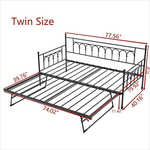 Vintage Twin Day Bed with Pop Up Trundle, Space-Saving Metal Frame for Adults
