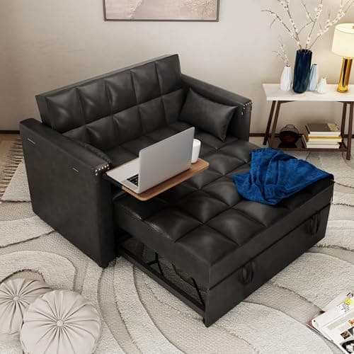 3-in-1 ORRD Convertible Sofa Bed, Faux Leather Loveseat with Pull-Out Chaise Lounge and Hidden Table