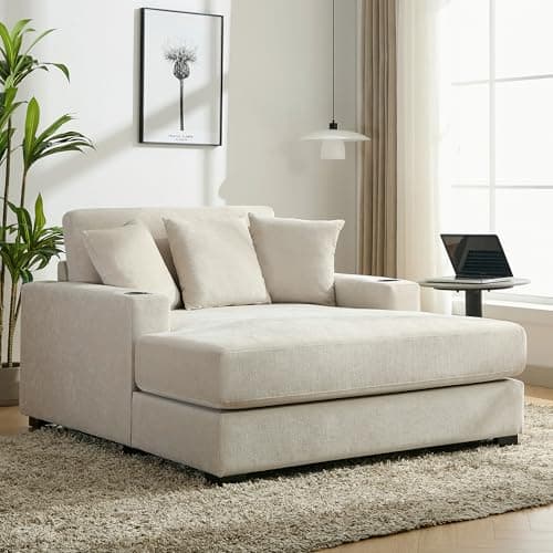 Oversized Cream Chenille Reclining Chaise Longue with Pillows & Charging Station