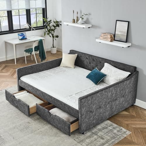 Queen Size Daybed with 2 Drawers, Upholstered Sofa Bed with Button Back and Waved Arms, Wood Slat Support - Grey
