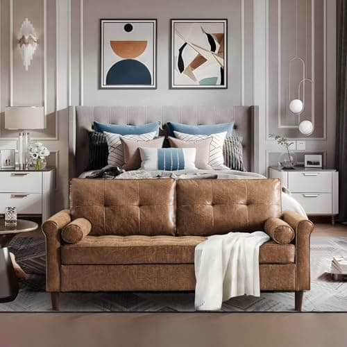 Small Mid-Century Modern Faux Leather Loveseat Sofa for Small Spaces, Living Room, Bedroom