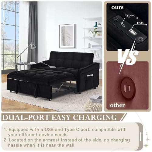 Sleeper Sofa with USB Port and Pull Out Bed for Small Spaces (Black)
