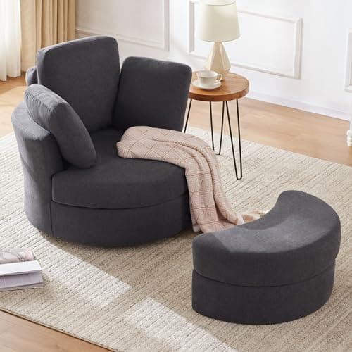 39 Swivel Accent Barrel Chair with Removable Headrest and Ottoman, Grey