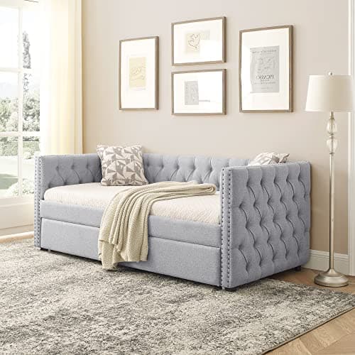 Modern Upholstered Daybed with Trundle for Teens - Light Grey