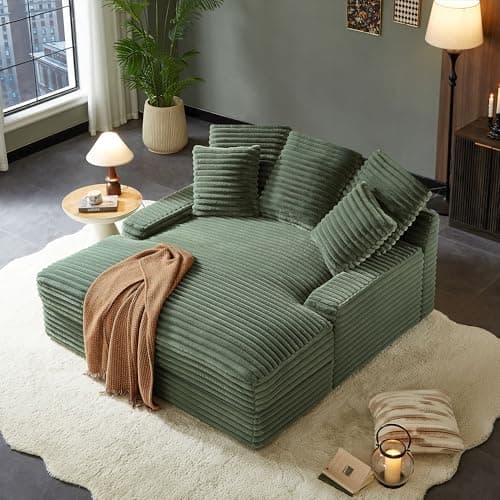 Eafurn Corduroy Upholstered Chaise Lounge Sofa with Ottoman & Cupholders