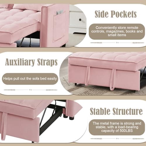 Convertible Sleeper Sofa Bed with Adjustable Backrest, Velvet Upholstered, Pink, 53