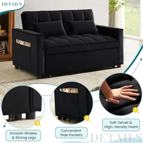 Antetek Modern Velvet 3-in-1 Sleeper Sofa Bed, Reclining Lounge Living Room Furniture, Black