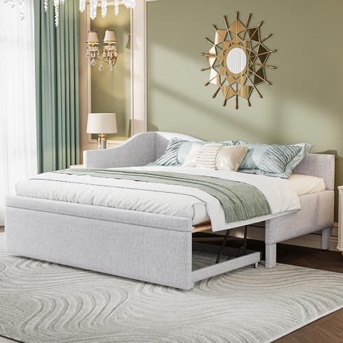 Beige Linen Extendable Day Bed with Pop Up Trundle,Twin to King