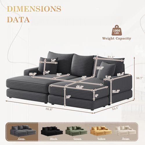 Oversized Grey Corduroy Chaise Lounge Seater with Ottoman