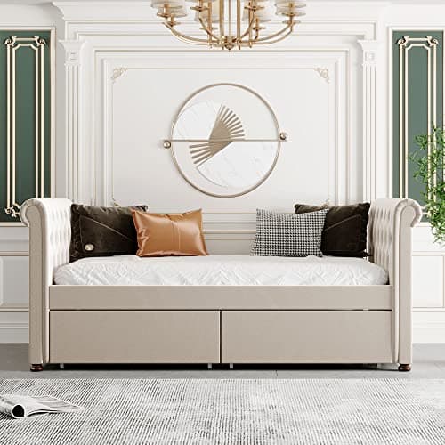 Velvet Daybed with Storage Drawers and Striped Headboard Design, Twin Size, Pink