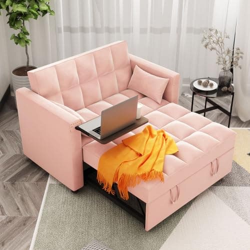 3-in-1 ORRD Convertible Sofa Bed, Faux Leather Loveseat with Pull-Out Chaise Lounge and Hidden Table