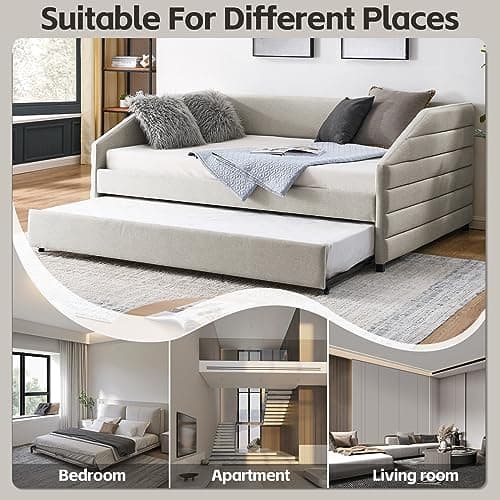 Twin Size Daybed with Trundle for Apartment Living Room - Beige