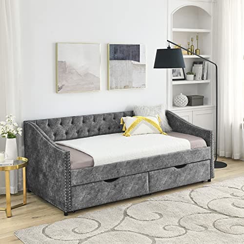 Modern Velvet Upholstered Daybed with Drawers