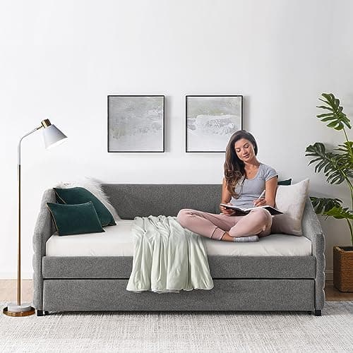 JEEOHEY Twin Size Daybed with Trundle, Modern Upholstered Linen Sofa Bed, Solid Wood Frame, Grey