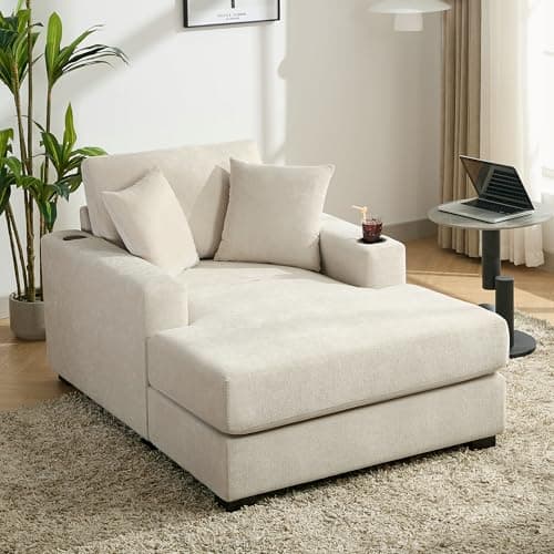 Blue-gray 55" Oversized Chaise Lounger with Chenille Fabric, Pillows, Charge Station & Cup Holders