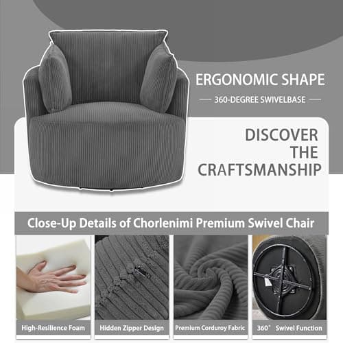 360° Swivel Gray Corduroy Accent Chair with Detachable Cushions