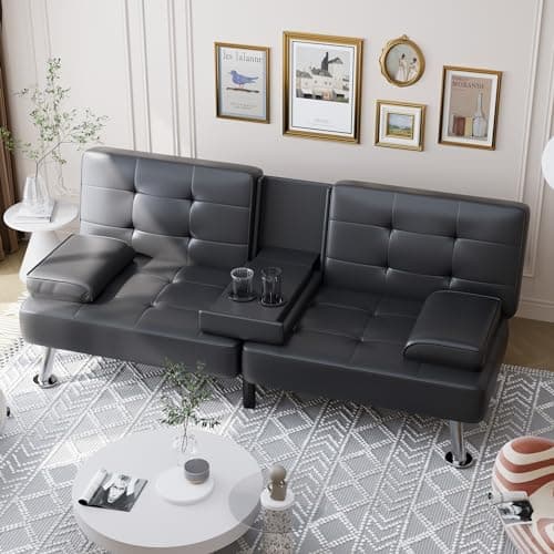 Shahoo Faux Leather Convertible Futon Sofa Bed for Living Room, Brown