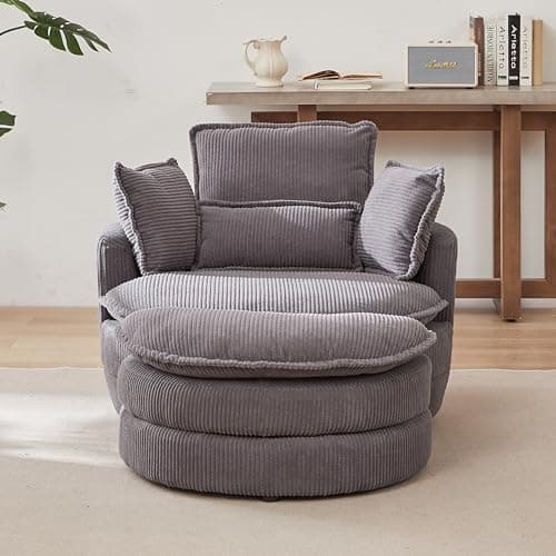 Oversized Grey Swivel Chair with Moon Ottoman & 4 Pillows