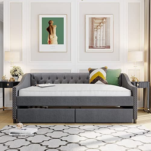 Upholstered Daybed with 2 Drawers and Diamond-Tufted Backrest, Gray