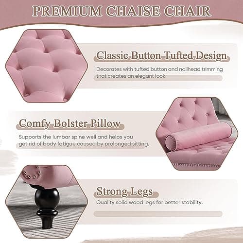 Pink Velvet Chaise Lounge Chair with Lumbar Pillow for Living Room or Bedroom