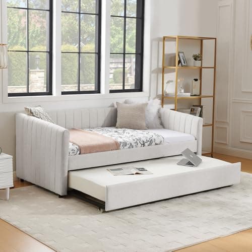Twin Size Daybed with Trundle and Stripes - Beige