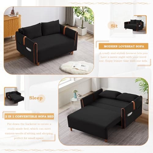 Convertible Sleeper Sofa Bed with Pull Out Bed, Comfy Velvet Loveseat Couch Bed with Storage, Pillows for Living Room, Apartment, Black