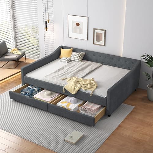 Upholstered Daybed with Drawers, Wood Frame Sofa Bed, Button Tufted Backrest, Linen Fabric, Dark Gray