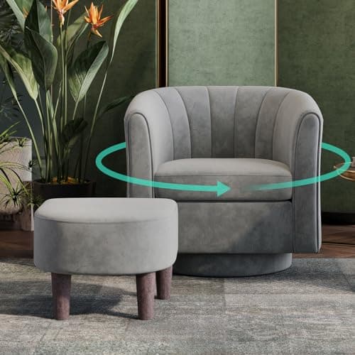 LINSY Gray Velvet Swivel Chair with Ottoman, Modern Comfy Living Room Armchair