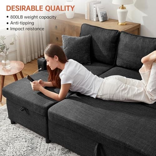 DURASPACE L-Shaped Sleeper Sofa with Storage, USB, and Cup Holder (Dark Gray)