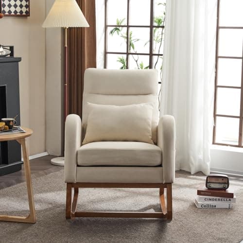 Vingli Beige Linen Rocking Chair with Thick Headrest for Nursery and Living Room