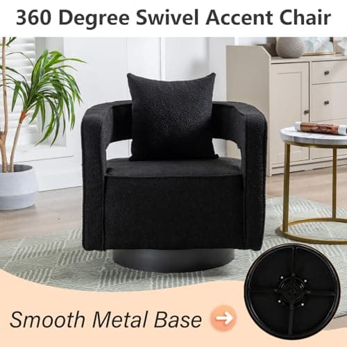 Black 360 Degree Swivel Teddy Accent Chair with Pillow