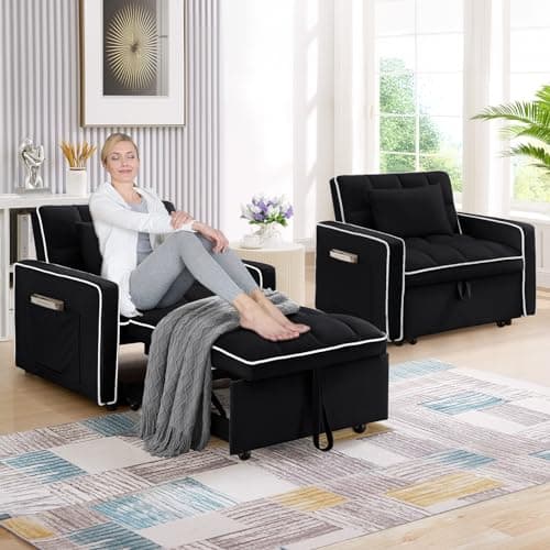 3-in-1 Velvet Convertible Sofa Bed, Black, Living Room Sleeper Chair