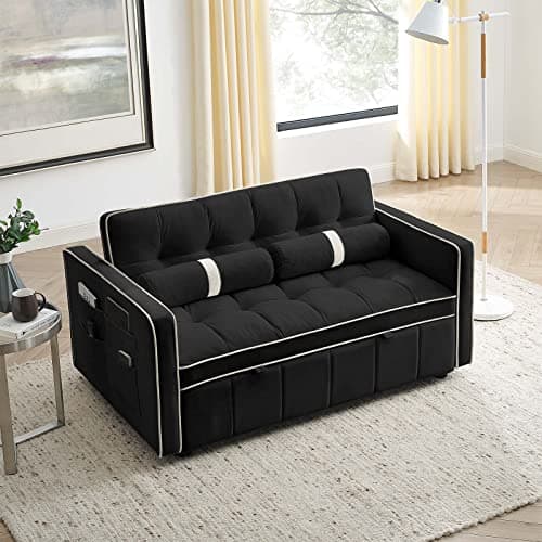 JEEOHEY 55" Tufted Velvet Sleeper Sofa Bed, Black Small Space Convertible Couch