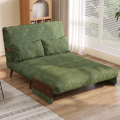 3-in-1 Convertible Chair Bed Sleeper for Adults, Linen Convertable Chair with Wooden Arms & Pillows