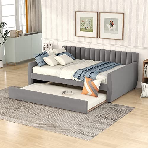 Beige Velvet Twin Daybed with Storage Drawers & Backrest