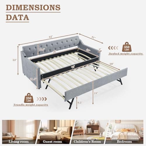 Twin Day Bed with Pop Up Trundle and USB Port for Living Room or Guest Room